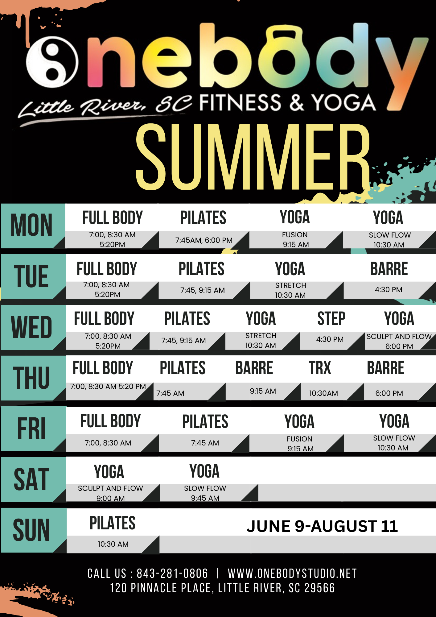 image shows summer 2025 classes for One Body Fitness & Yoga in Little River SC