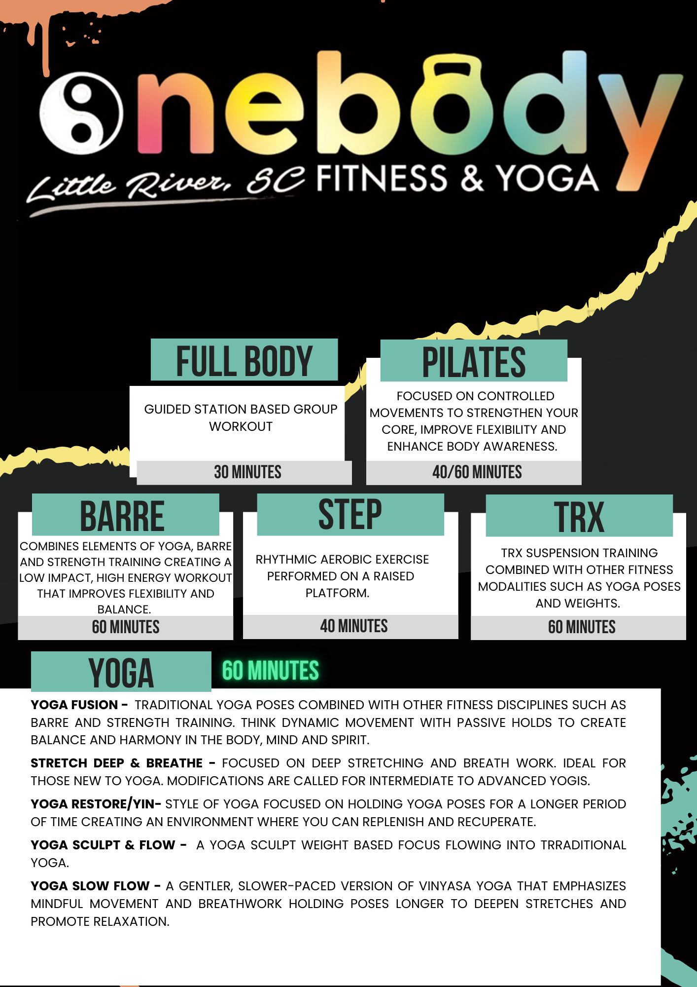 image shows One Body Fitness & Yoga Summer Class Descriptions. Little River SC